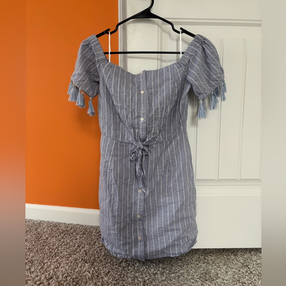 GREYLIN Smocked Front Tie‎ Off Shoulder Dress Blue/white size XS
